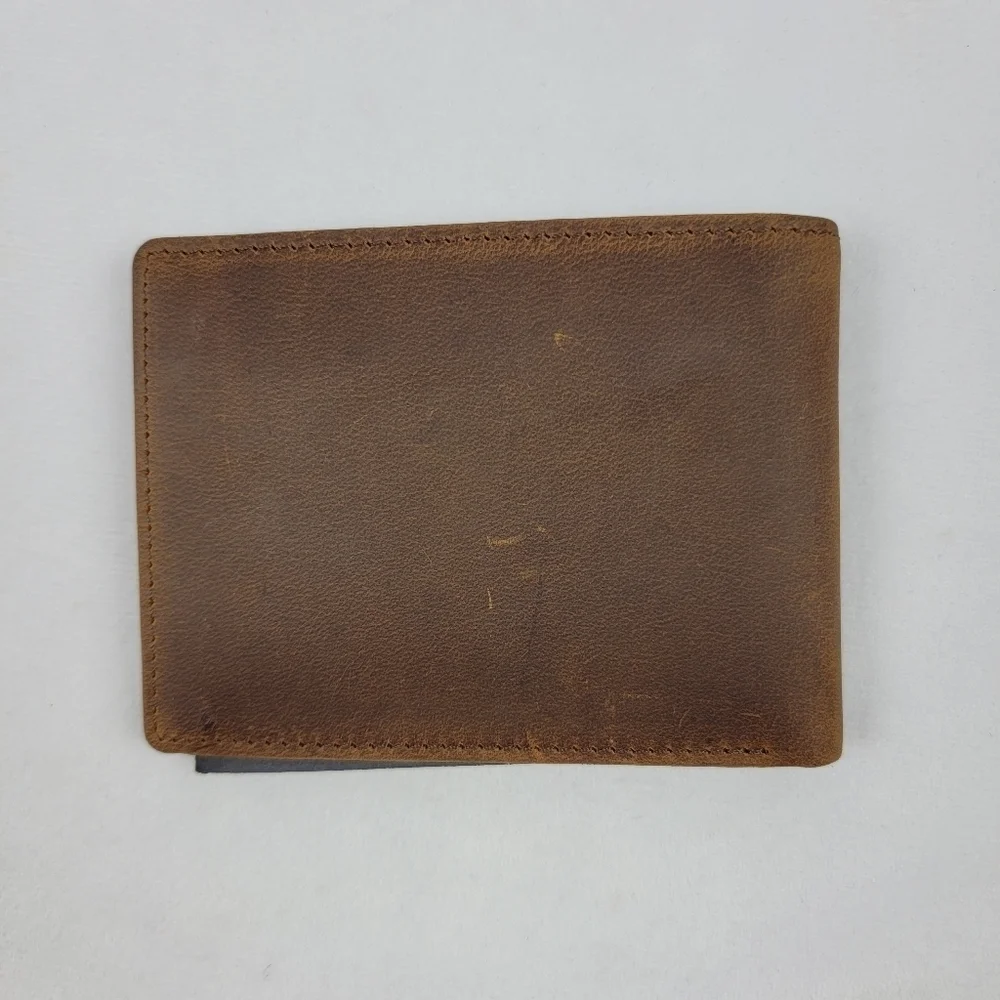NWT distressed mens brown leather bifold wallet. 2 hidden card slots